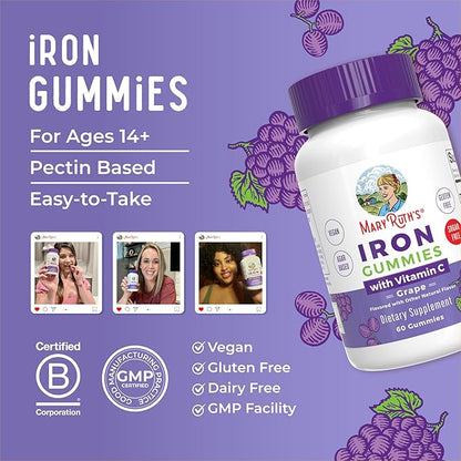 MaryRuth Organics Iron Suppleme nt Gummies for Adults | Sugar Free | Gummy Iron Supplements Vitamin C for Ages 14 | Iron Supplement for Iron Deficiency | Immune Support | Vegan | Non-GMO | 60 Count