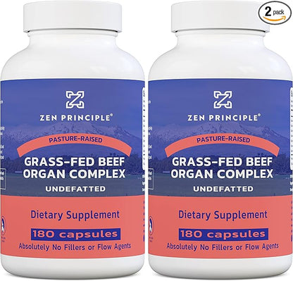 Zen Principle Grass Fed Beef Organs - Desiccated Liver, Heart, Kidney, Pancreas, Spleen, Intestine, Tripe/Stomach. Beef Organ Supplements 2-Pack