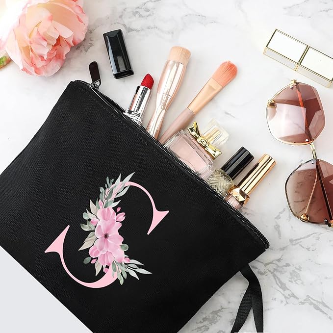 Vavabox A-Z Personalized Makeup Bag, Birthday Gifts for Women Mom, Gifts for Best Friend, Bride Bridesmaid Cosmetic bag (S, Black)