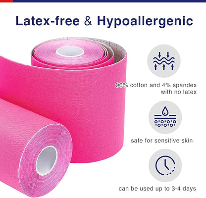 Kinesiology Tape (2 Rolls) Extra Wide 4 inch x 16.4 feet Roll,Cotton Elastic Premium Athletic Tape,Hypoallergenic and Waterproof K Tape (Pink（2 Roll + Bandage Scissors）)