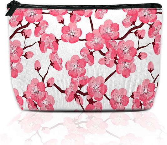 Cherry Blossom Makeup Bag for Purse, Waterproof Funny Japanese Pink Sakura Cosmetic Bag for Women, Zipper Travel Pouch Gift 9.5×5.9 Inch