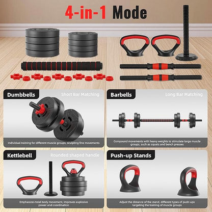 Multi-Functional Portable Changeable Dumbbell and Barbell Kettlebell Set with Adjustable Weights, Multiple Styles, 40LBS or 60LBS Sets