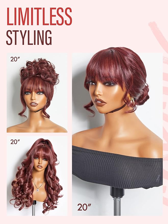 GORGIUS Glueless Wavy Wig with Bangs Burgundy Synthetic Curtain Bang Wig with Realistic Scalp 22 Inch