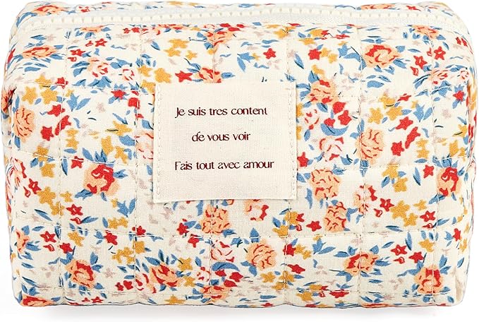 Floral Makeup Bag Small Cotton Quilted Cosmetic Makeup Bag Organizer, Aesthetic Portable Pouch Purse Toiletry Bag for Women Girls Travel accessories (Red Floral-S)