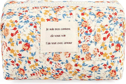 Floral Makeup Bag Small Cotton Quilted Cosmetic Makeup Bag Organizer, Aesthetic Portable Pouch Purse Toiletry Bag for Women Girls Travel accessories (Red Floral-S)