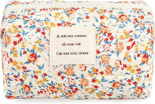 Floral Makeup Bag Small Cotton Quilted Cosmetic Makeup Bag Organizer, Aesthetic Portable Pouch Purse Toiletry Bag for Women Girls Travel accessories (Red Floral-S)
