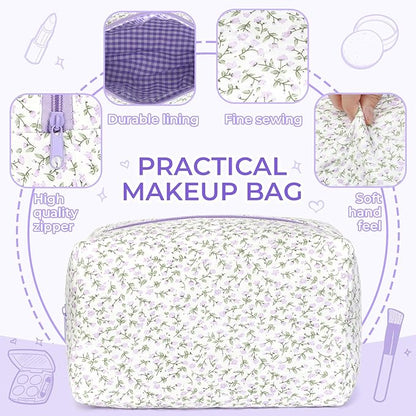 Quilted Makeup Bag Set,Large Floral Cosmetic Pouch For Women,Cute Cotton Brushes Storage Travel Toiletry Organizer Bags(Purple Floral)