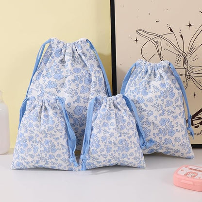 LYDZTION 4pcs Floral Drawstring Makeup Bags Pouches For Purse, Small Canvas Cloth Gift Bags Pouch For Cosmetics Jewerlry Home Travel Storage,Blue