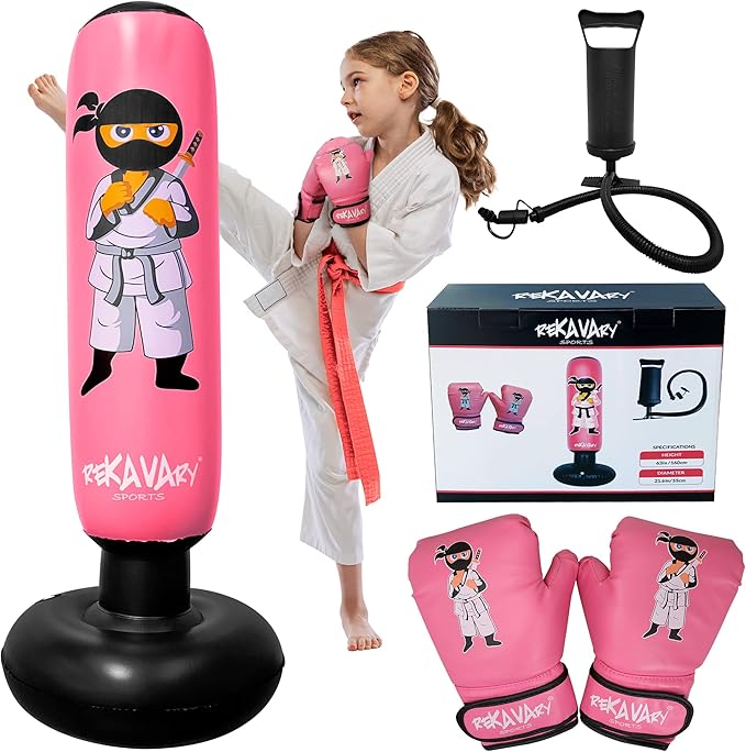Punching Bag for Kids - 5' 3" Tall and Stable - Ninja Kids Inflatable Punching Bag Combo Kit with Kids Boxing Gloves, a Pump and Repair Kit. Boxing Bag for Immediate Bounce Back