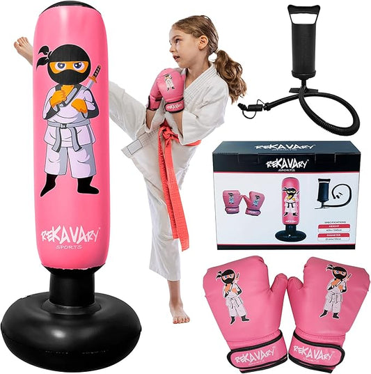 Punching Bag for Kids - 5' 3" Tall and Stable - Ninja Kids Inflatable Punching Bag Combo Kit with Kids Boxing Gloves, a Pump and Repair Kit. Boxing Bag for Immediate Bounce Back