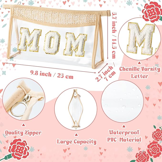 Mother's Day Cosmetic Bag - Summer Boho Patch MOM Chenille Varsity Letter Toiletry Kit Beige Clear Waterproof Travel Makeup Bag PVC Zipper Clutch Daily Use Purse Gift for Mom Women Ladies