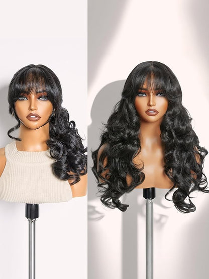 GORGIUS Glueless Wavy Wig with Bangs Natural Black Synthetic Curtain Bang Wig with Realistic Scalp 22 Inch