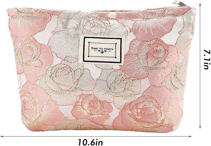 Rose Flower Makeup Bag Travel Large Cosmetic Bag for Women Cute Makeup Pouch Zipper Cosmetic Pouch for Purse Jacquard Aesthetic Pink Floral Make up Organizer Bag Portable Toiletry Bag