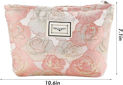 Rose Flower Makeup Bag Travel Large Cosmetic Bag for Women Cute Makeup Pouch Zipper Cosmetic Pouch for Purse Jacquard Aesthetic Pink Floral Make up Organizer Bag Portable Toiletry Bag