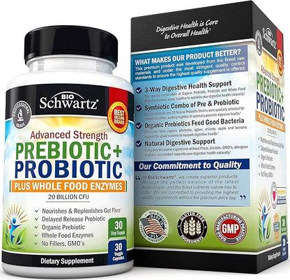 Prebiotics and Probiotic with Whole Food Enzymes for Adults Women & Men - Probiotics Lactobacillus Acidophilus - Digestive Health Capsules Shelf Stable Supplement - Non-GMO Gluten & Dairy Free -30ct