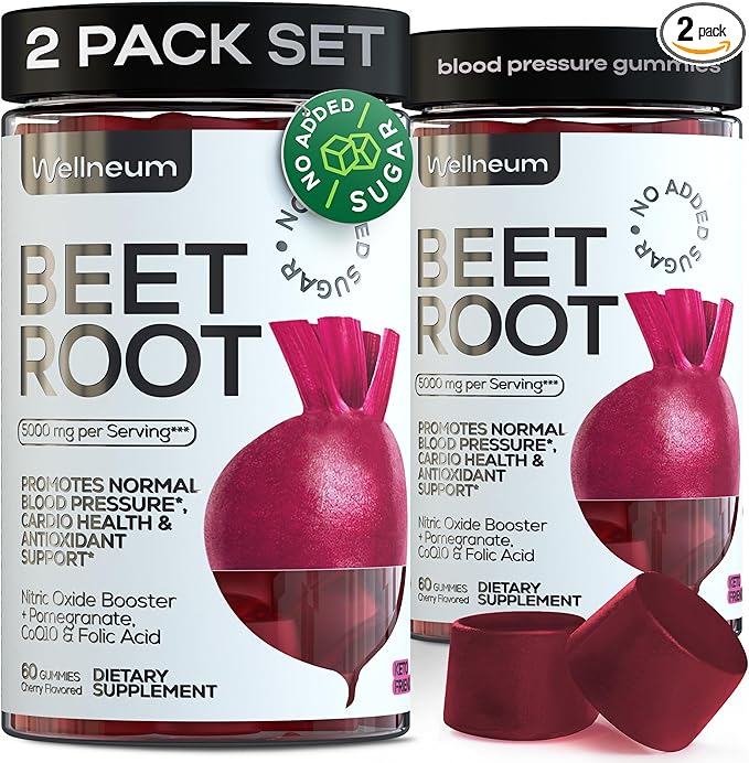 Beets for High Blood Pressure 5000 Mg - Beet Root Gummies with Pomegranate Juice Powder - Beet Chews for Cardio Health and Energy - Nitric Oxide Supplement Gummies for Men and Women - No GMO - 120 pcs