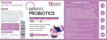 Probiotics for Women Digestive Health, 100 Billion CFUs Probiotic with Digestive Enzymes & Prebiotics, Vaginal Probiotics with Cranberry for Urinary Tract Health, pH Balance, 180 Veggie Capsules