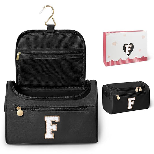 COSHAYSOO Christmas Valentines Galentines Day Fall Travel Gifts for Women Friend Sister Bestie Happy Birthday Party Favor Present, Large Hanging Toiletry Bag Skin Care Toiletries Black Letter F