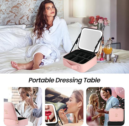 Travel Makeup Bag with Mirror Cosmetic Bag Makeup Artist Bag, 3 Color Scenarios Adjustable Brightness, Makeup Train Case Cosmetic Storage Gift for Daughter Wife Friend Pink