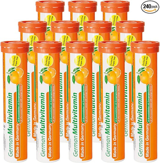 German Multvitamin 10 Vitamins - 240 Vegan Drink Effervescent Tablets - Orange Flavor - Made in Germany