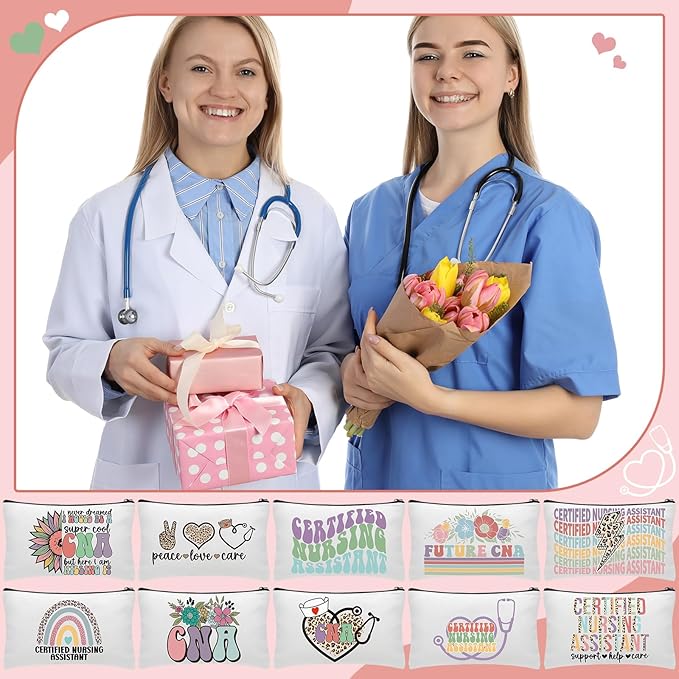 Kacctyen 10 Pcs Cna Appreciation Gifts Certified Nursing Assistant Makeup Cosmetic Canvas Cna Week Portable Pouch Bags Portable Week for Nursing