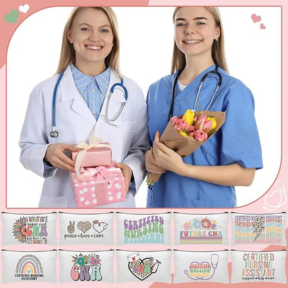 Kacctyen 10 Pcs Cna Appreciation Gifts Certified Nursing Assistant Makeup Cosmetic Canvas Cna Week Portable Pouch Bags Portable Week for Nursing