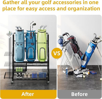 DWVO Golf Bag Organizer for Garage, Golf Storage Organizer w/Wheels for Garage Club and Shed, Golf Bag Storage Rack w/Drawer for Golf Bags, Clubs, Balls and Other Equipment Accessories