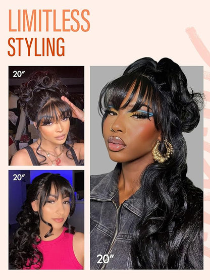 GORGIUS Glueless Wavy Wig with Bangs Natural Black Synthetic Curtain Bang Wig with Realistic Scalp 22 Inch