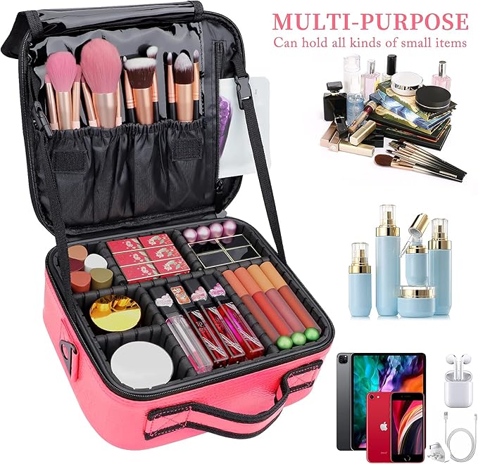 JOURMON Travel Makeup Bag Portable Cosmetic Case Organizer Portable Artist Storage Bag with Adjustable Dividers for Cosmetics Makeup Brushes Toiletry Jewelry Digital Accessories(Hot Rose,S)