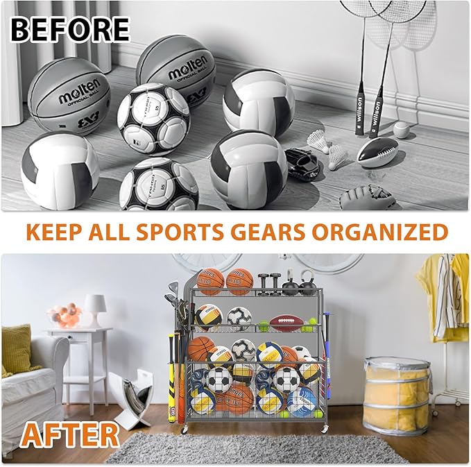 Gadroad Sports Equipment Organizer, Ball Rack, Gear & Ball Storage - Garage Organizer with Baskets, Hooks & Rolling Cart - Black