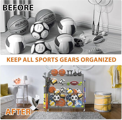Gadroad Sports Equipment Organizer, Ball Rack, Gear & Ball Storage - Garage Organizer with Baskets, Hooks & Rolling Cart - Black