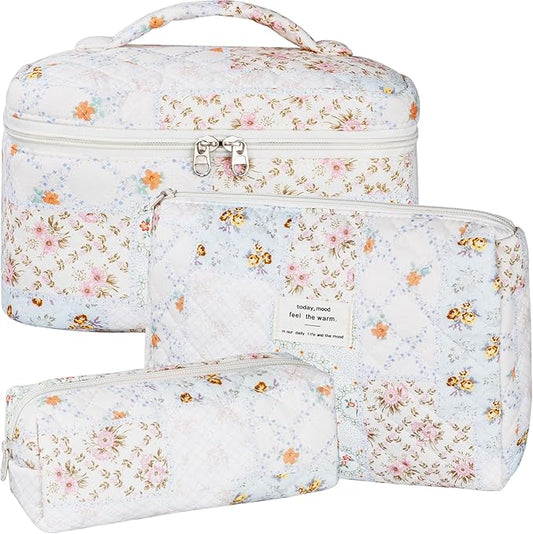 Quilted Makeup Bag Set, 3Pcs Large Checkered Corduroy Cosmetic Bags, Cute Coquette Makeup Bag Toiletry Zipper Pouch Bag for Women and Girls Checkered