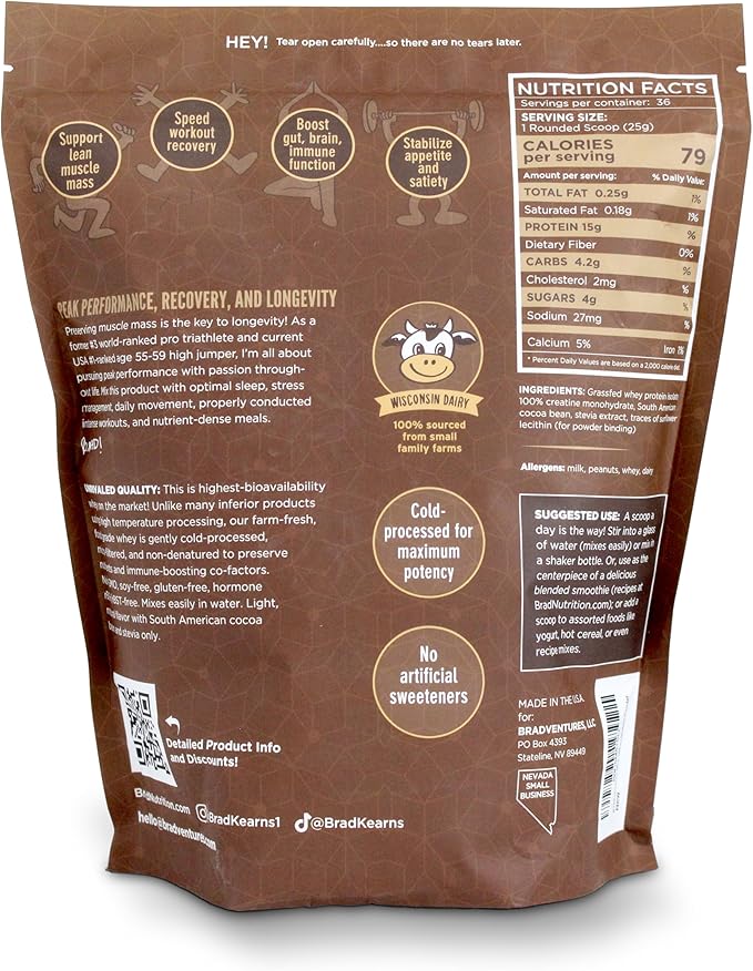 B.rad Grass-Fed Whey Protein Isolate Powder with Creatine | All-Natural, Ultra-Pure, Clean Ingredients | 100% USA-Sourced Superfuel | 2 Pounds | Cocoa Bean (Chocolate)