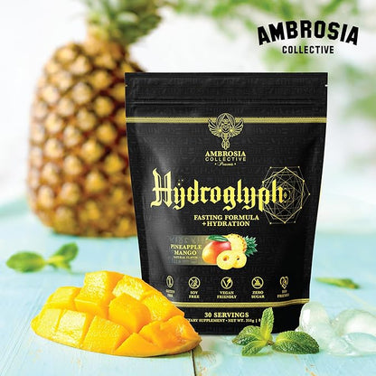Ambrosia Hydroglyph Intraworkout Formula w/BCAA + EAA + Electrolytes Hydration Powder to Protect Lean Muscle, 0g Sugar Fasting Hydration Drink Mix, Made w/Coconut Water (Pineapple Mango)