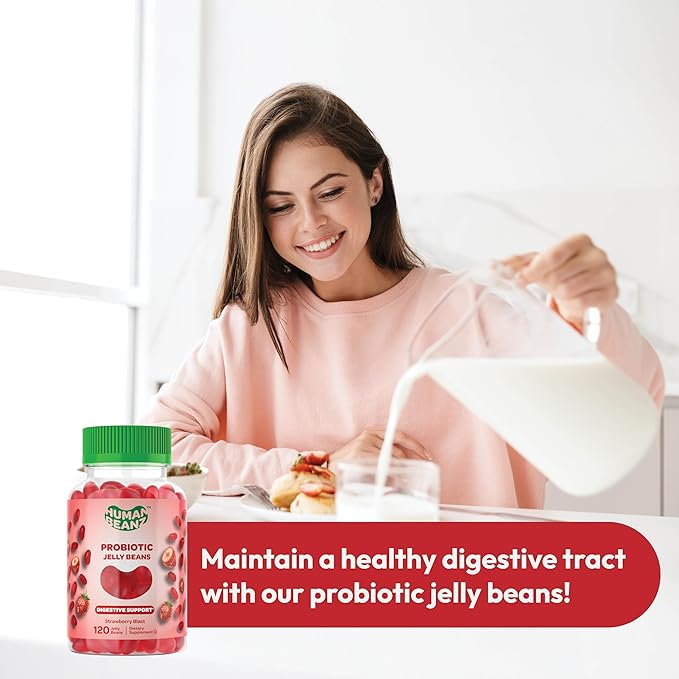 Probiotic Jelly Bean Gummies for Men and Women, Probiotic Supplements for Digestive Health, Nutritional Vegetarian Supplements, 120 Strawberry Blast Jelly Beans, Kosher