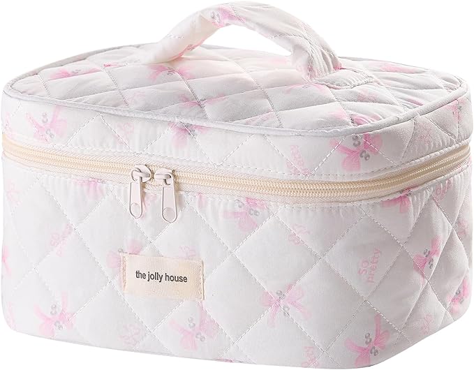 Cute Pink Bow Quilted Makeup Bag, Large Capacity Travel Cosmetic Bag for Women and Girls, Aesthetic Storage for Daily and Travel Use (Pink Bow)