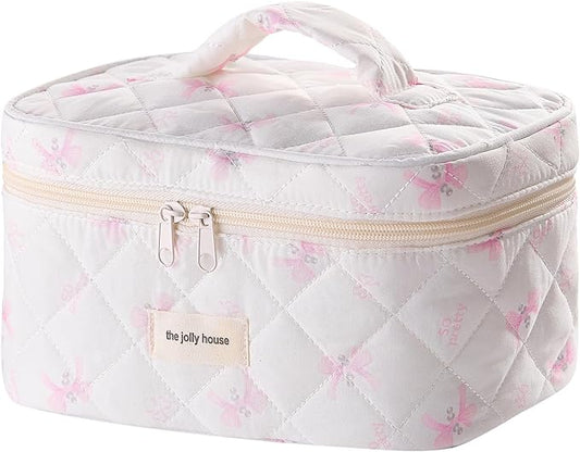 Cute Pink Bow Quilted Makeup Bag, Large Capacity Travel Cosmetic Bag for Women and Girls, Aesthetic Storage for Daily and Travel Use (Pink Bow)