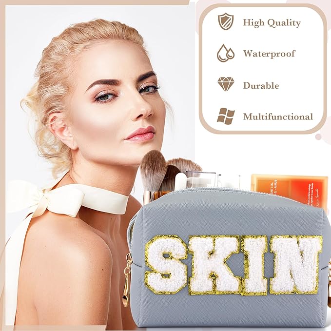 Sanwuta 4 Pcs Hair Face Skin Travel Bag Set Preppy Makeup Pouch PU Leather Skincare Bag Waterproof Cosmetic Organizer Birthday Christmas Gifts(Beige, Pink, Gray, Blue Gray,Fresh Style)
