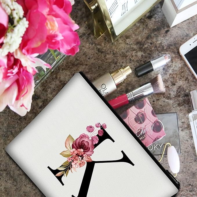 Vavabox A-Z Personalized Makeup Bag, Birthday Gifts for Women Mom, Gifts for Best Friend, Bride Bridesmaid Cosmetic bag (K, White)