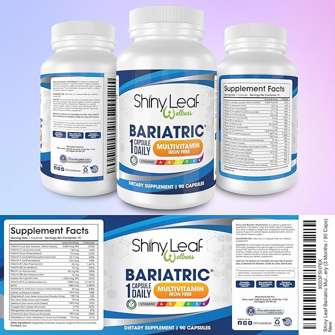Shiny Leaf Bariatric Multivitamin Iron-Free Capsules for Post Bariatric Surgery Patients, Once Daily Bariatric Vitamins Without Iron for WLS, Sleeve, Gastric Bypass Surgery (3 Months / 90 Caps)