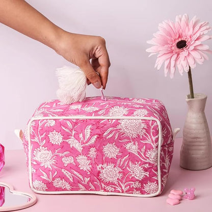 Travel Makeup Bag- Large Capacity Cosmetic Bags for Women - Water Resistance Lining Portable Pouch & Open Toiletry Bag - Perfect Girls Makeup Organizer for Travel Essentials (White & Pink Floral)