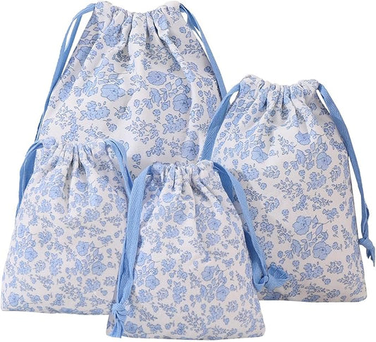 LYDZTION 4pcs Floral Drawstring Makeup Bags Pouches For Purse, Small Canvas Cloth Gift Bags Pouch For Cosmetics Jewerlry Home Travel Storage,Blue
