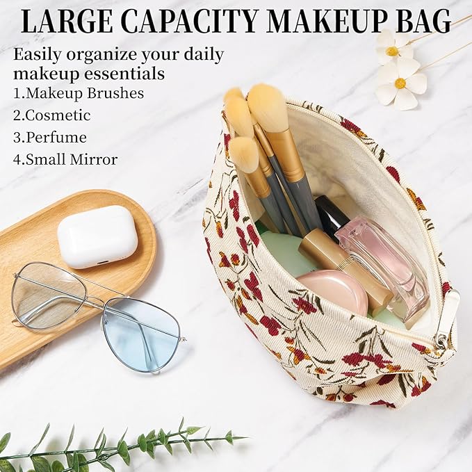 WOZEAH Floral Corduroy Makeup Bag for Purse Small Cosmetic Pouch,Stylish Zipper Make up Pouch Travel Canvas Toiletry Bags(Flower Branches 2)