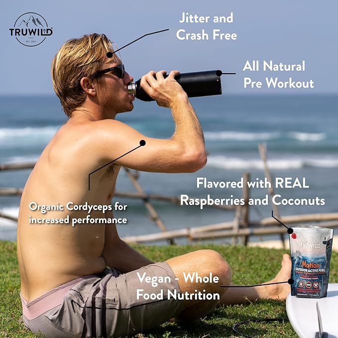 TruWild Motion All Natural Pre Workout Powder Drink Mix for Men & Women w/No Jitters or Crash – Whole Food Plant Based Vegan – Organic w/Electrolytes + BioPerine – 20 Servings (Coconut Raspberry)