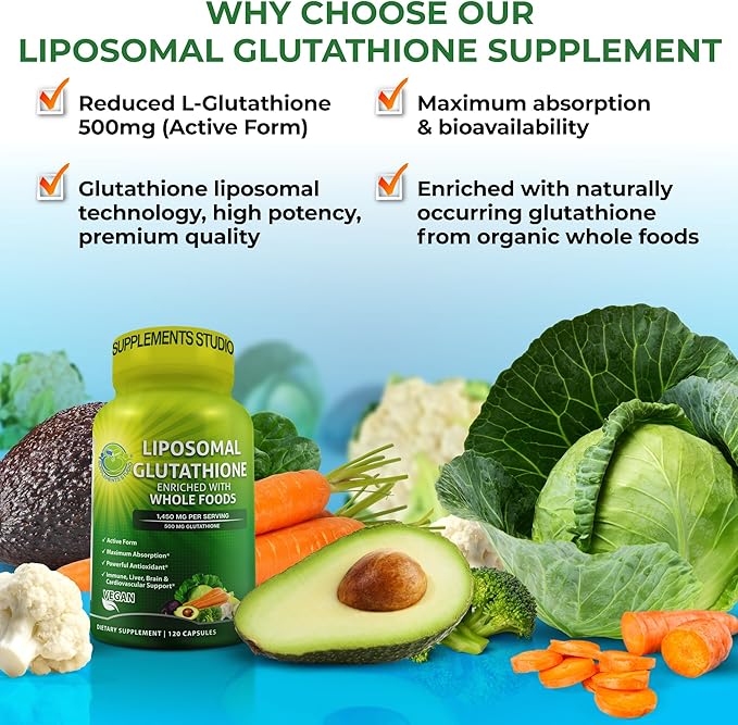 Liposomal Glutathione 500mg - Active Form L Glutathione (Reduced) for Maximum Absorption - Made with Organic Whole Foods - Master Antioxidant & Detoxifier - Immune & Cardiovascular Support - 120 count