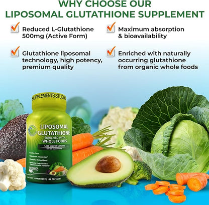 Liposomal Glutathione 500mg - Active Form L Glutathione (Reduced) for Maximum Absorption - Made with Organic Whole Foods - Master Antioxidant & Detoxifier - Immune & Cardiovascular Support - 120 count