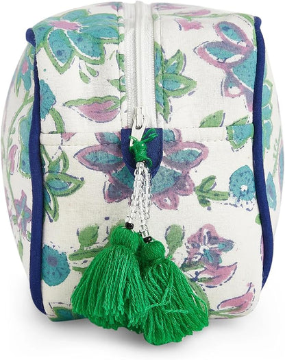 Travel Makeup Bag- Large Capacity Cosmetic Bags for Women - Water Resistance Lining Portable Pouch & Open Toiletry Bag - Perfect Girls Makeup Organizer for Travel Essentials (White & Green Floral)