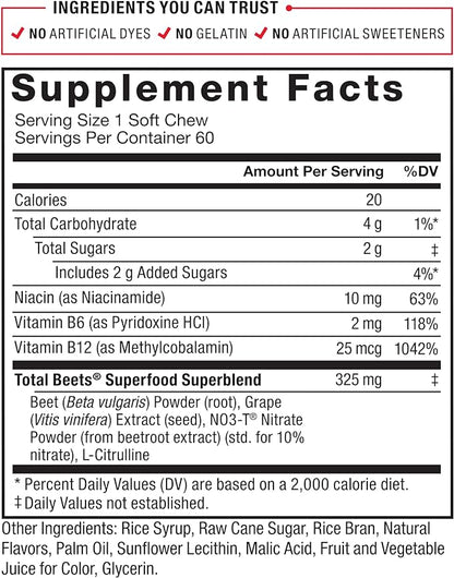 Force Factor Total Beets Soft Chews with Beetroot, Nitrates, L-Citrulline, Grapeseed Extract, and Antioxidants, Healthy Energy Supplement with Elite Ingredients, Heart Health Superfood, 60 Chews
