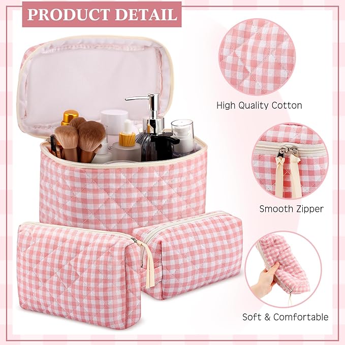 Paterr 3 Pieces Cotton Quilted Makeup Bag Set Coquette Cosmetic Bag Aesthetic Travel Toiletry pouch Cute Pouch Kawaii Aesthetic for Women(Pink,Pink Plaid)