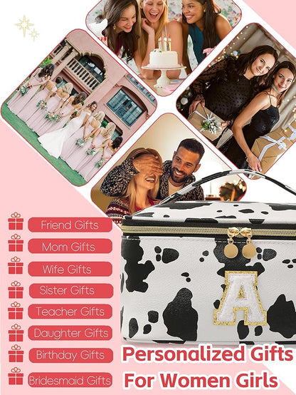 Personalized Monogram Makeup Bag with Dividers - Cow Print Travel Toiletry Organizer for Women | Waterproof Cosmetic Pouch with Brush Holder & Handle (9.8x6.7x5.1in)